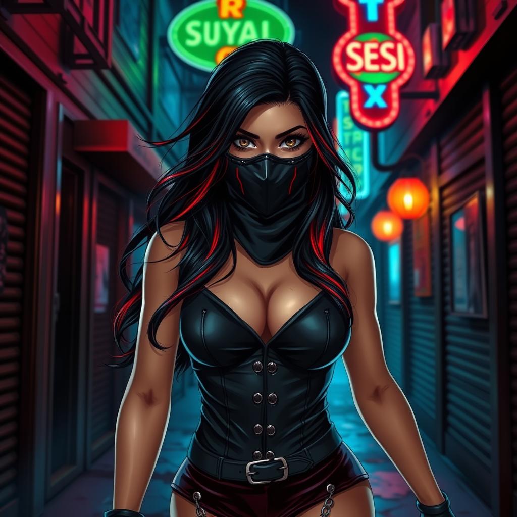 A charismatic Latina woman characterized by mesmerizing brown eyes, long flowing dark hair with striking red highlights, and a slight tan complexion