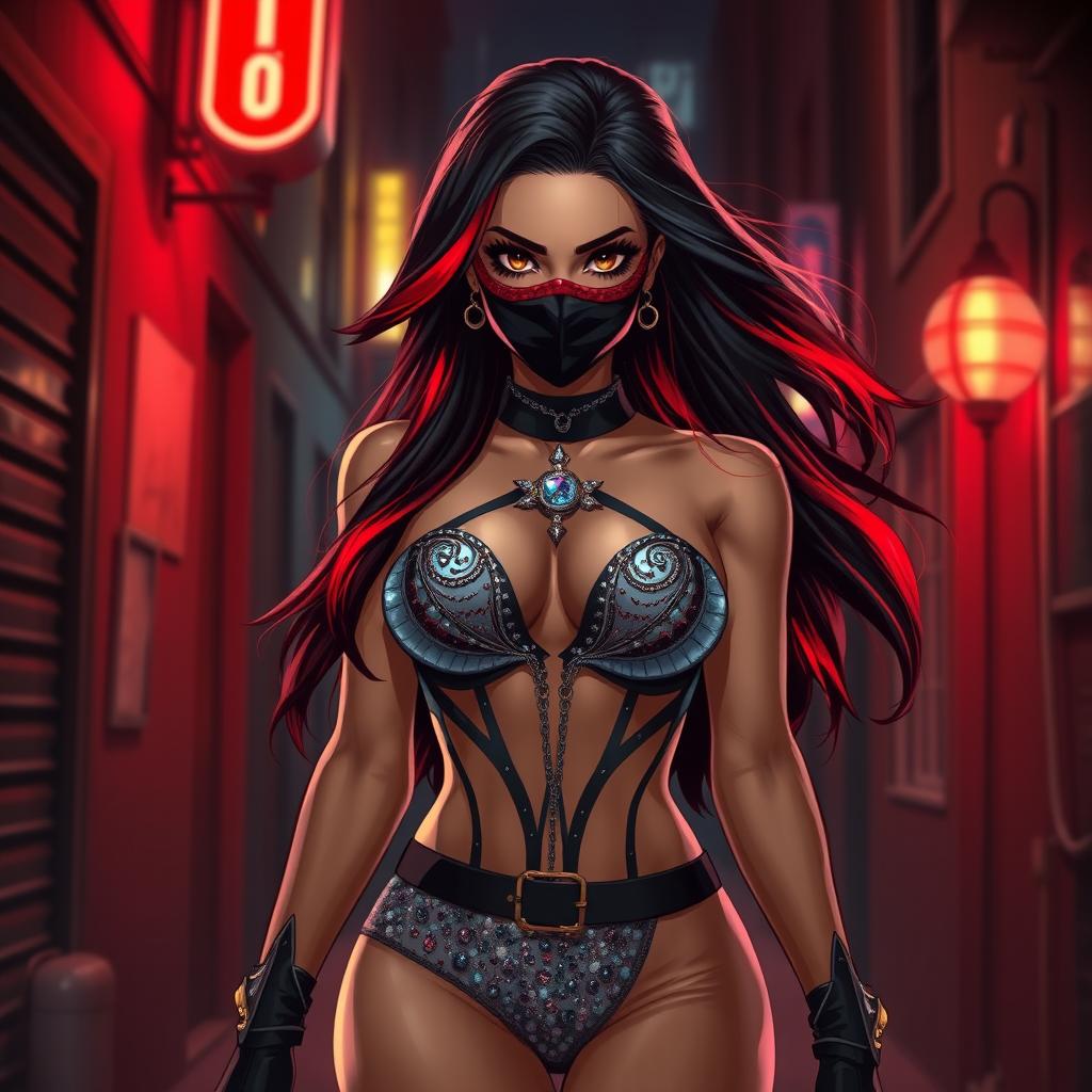 A charismatic Latina woman with captivating brown eyes, long flowing dark hair adorned with striking red highlights, and a slight tan complexion