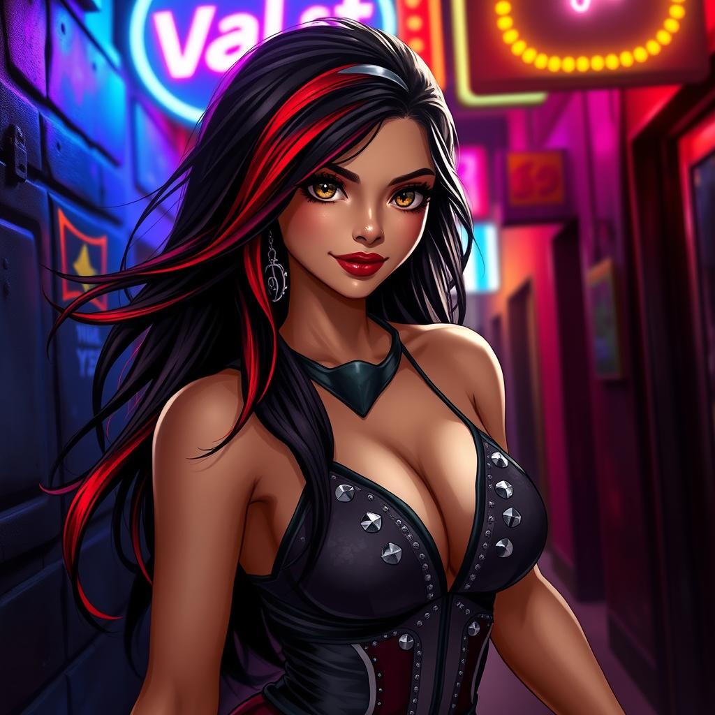 A charismatic Latina woman with captivating brown eyes, long flowing dark hair featuring bold red highlights, and a slight tan complexion