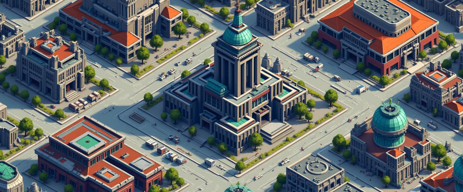 A top-down city sprite sheet in 2D pixel art style, featuring a large government building at the center