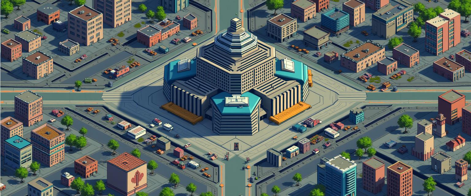 A top-down 2D pixel art sprite sheet depicting a futuristic city layout