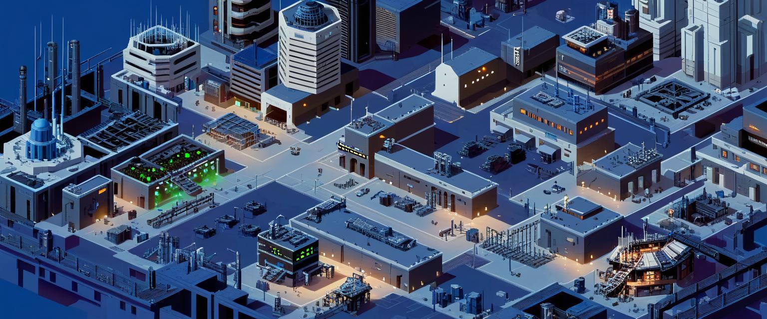 Top Down futuristic City Pixel Art with large government building at the center, a scrapyard and large industrial factories dotted around and a spaceport