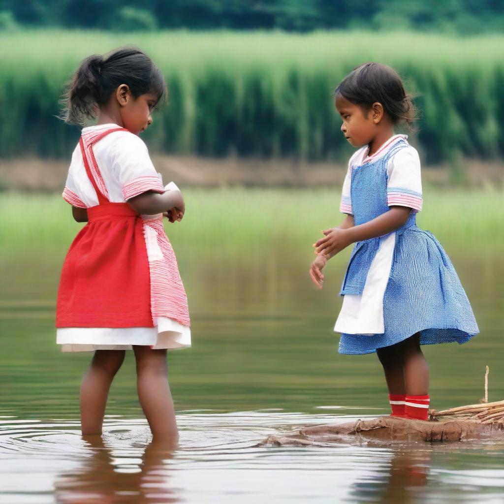 A little girl dressed in a red and white uniform and a boy in a blue and white uniform, are playing by the river in a rural area.