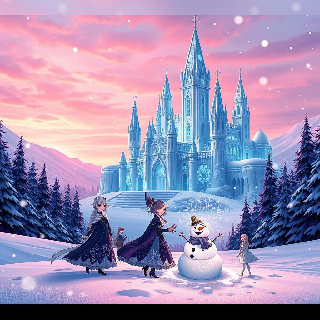 An enchanting winter scene, showcasing a majestic ice castle surrounded by a sparkling snow-covered landscape