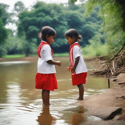 A little girl dressed in a red and white uniform and a boy in a blue and white uniform, are playing by the river in a rural area.