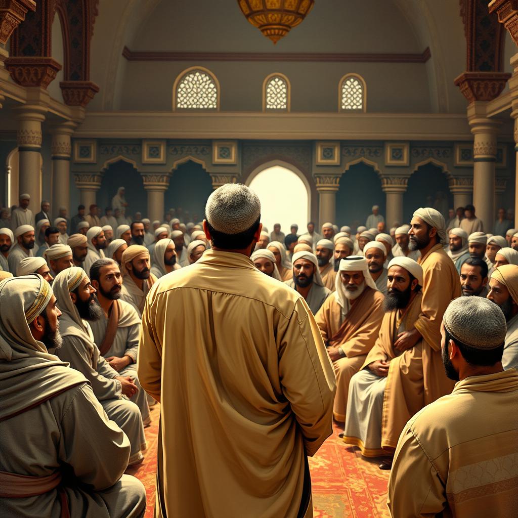 A portrayal of a large group of the Prophet Muhammad's companions seated in a gathering at Saqifa Bani Sa'idah in Medina during the early Islamic period