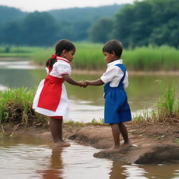 A little girl dressed in a red and white uniform and a boy in a blue and white uniform, are playing by the river in a rural area.