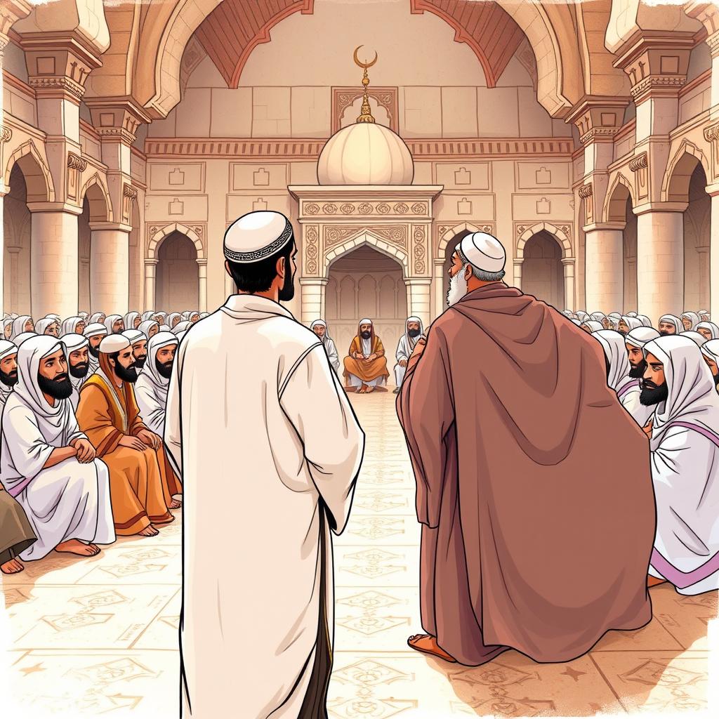An illustration depicting a large gathering of the Prophet Muhammad's senior companions seated at the Saqifa of Bani Sa'idah in Medina during the early Islamic period