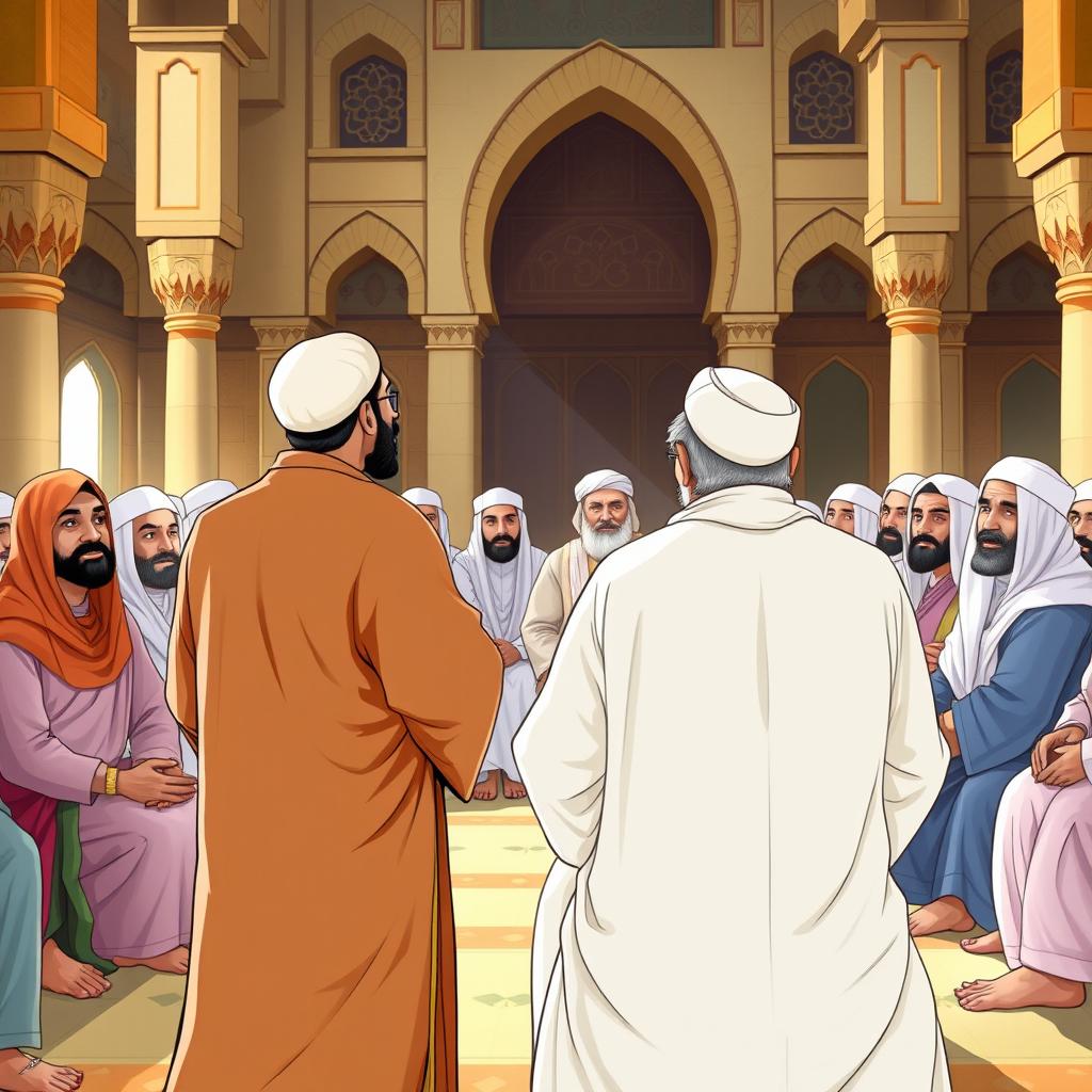 A vibrant illustration featuring a large group of the Prophet Muhammad's senior companions seated in a respectful gathering at the Saqifa of Bani Sa'idah in Medina during the early Islamic period