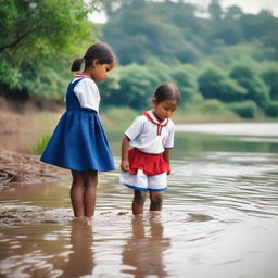 A little girl dressed in a red and white uniform and a boy in a blue and white uniform, are playing by the river in a rural area.