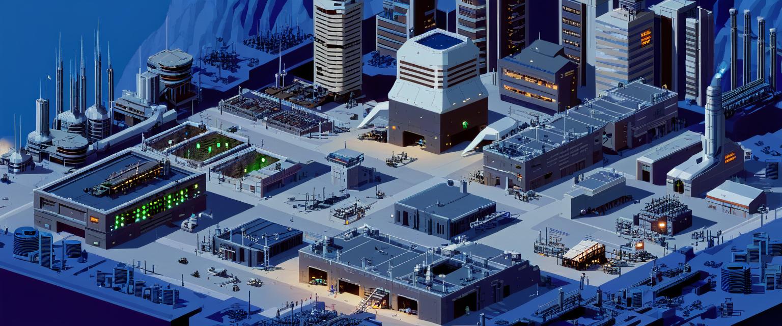 zoomed out futuristic City Pixel Art with large government building at the center, a scrapyard and large industrial factories dotted around and a spaceport