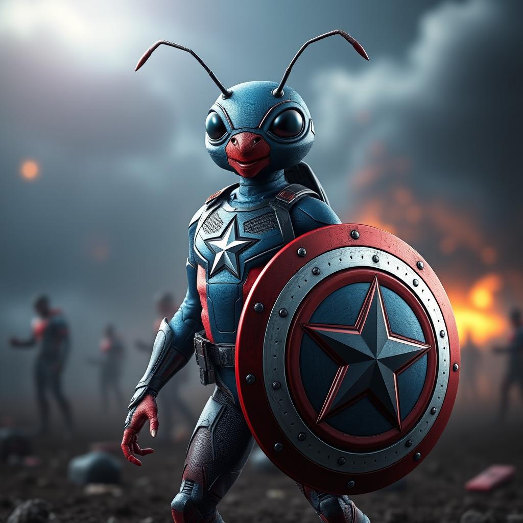 An anthropomorphic ant resembling Captain America, designed with realistic movie-style features