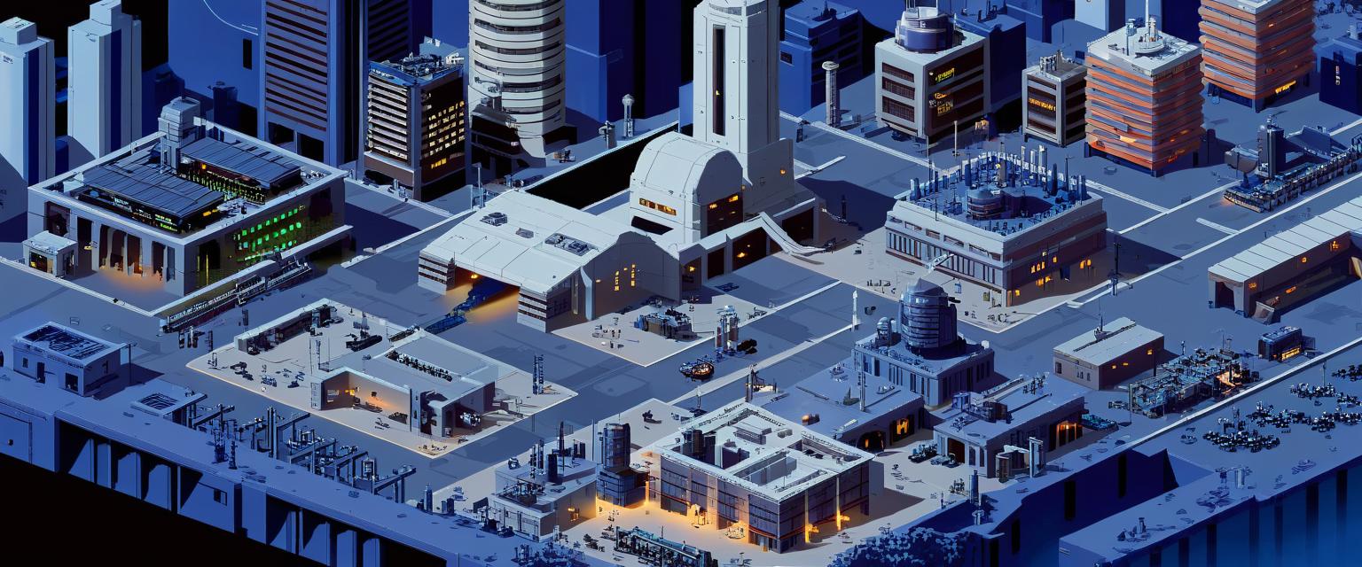 zoomed out futuristic City Pixel Art with large government building at the center, a scrapyard and large industrial factories dotted around and a spaceport