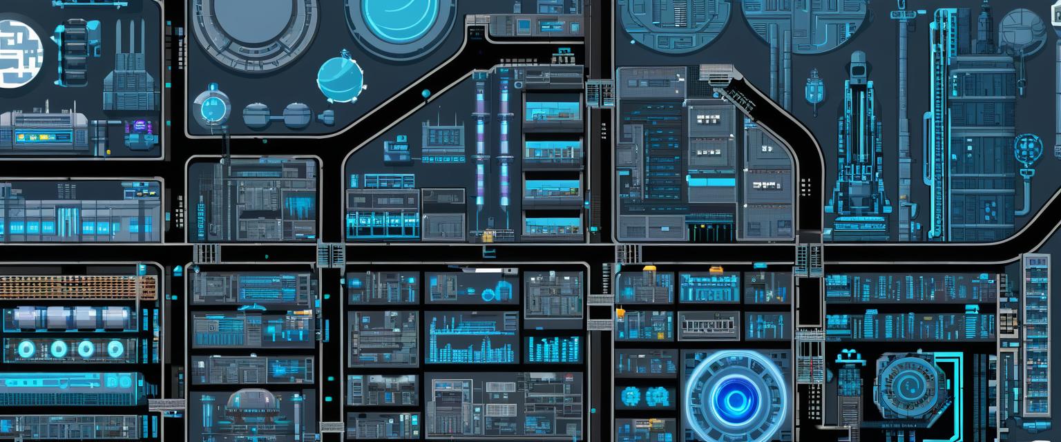 zoomed out futuristic City Pixel Art with large government building at the center, a scrapyard and large industrial factories dotted around and a spaceport