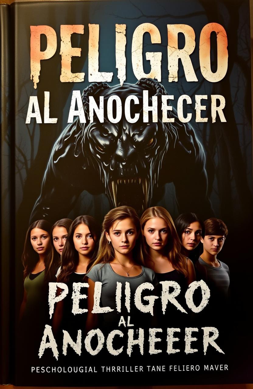 A thrilling book cover for a psychological thriller novel titled 'Peligro al Anochecer'