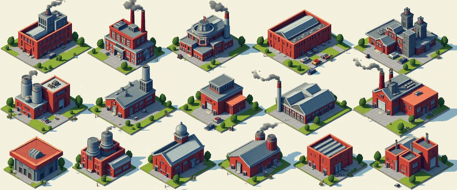 A top-down sprite sheet featuring pixel art industrial buildings designed specifically for a tabletop role-playing game (TTRPG)