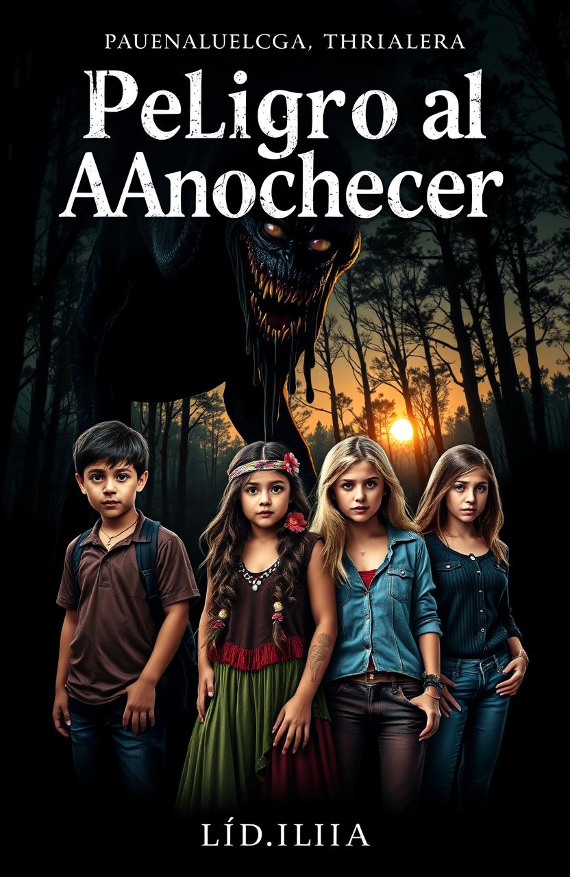 A chilling cover for a psychological thriller novel titled "Peligro al Anochecer" by Lídia