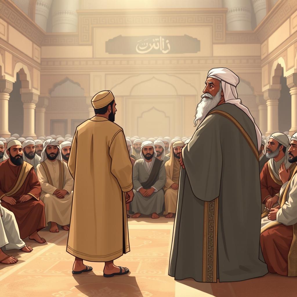 An illustration showcasing a large group of the Prophet Muhammad's senior companions seated in a respectful assembly at Saqifa Bani Sa'idah in Medina during the early Islamic period