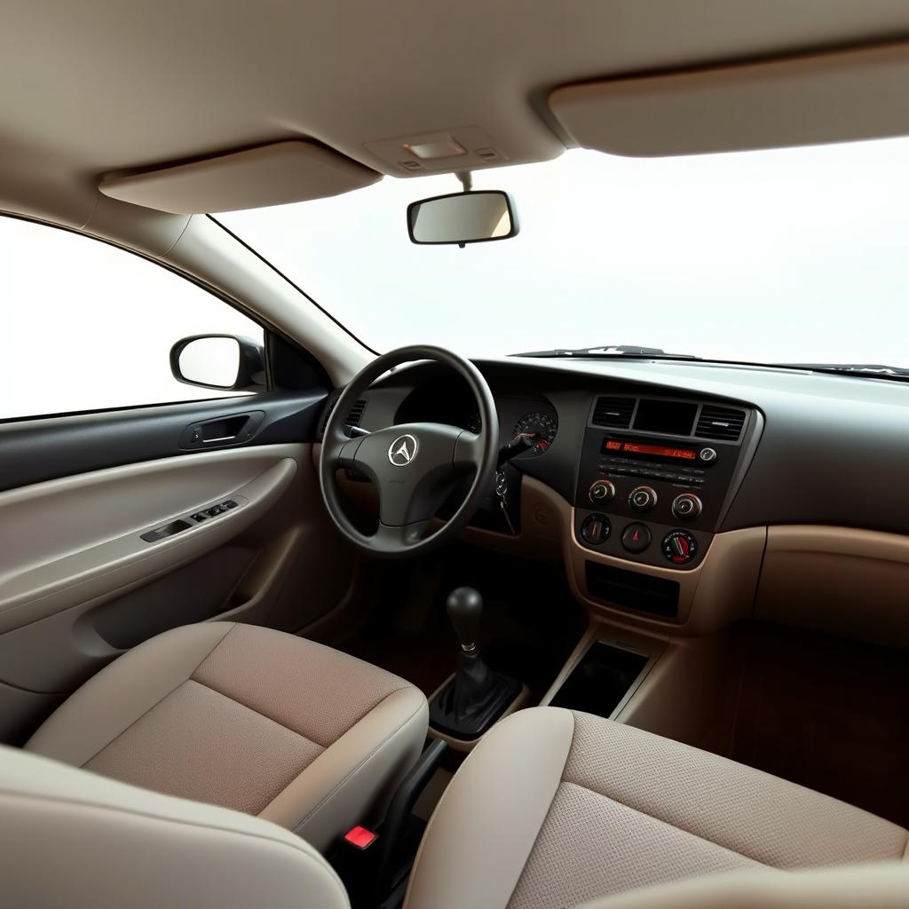 An interior shot of a 2005 Daewoo Cielo car, showcasing its dashboard, seats, and steering wheel