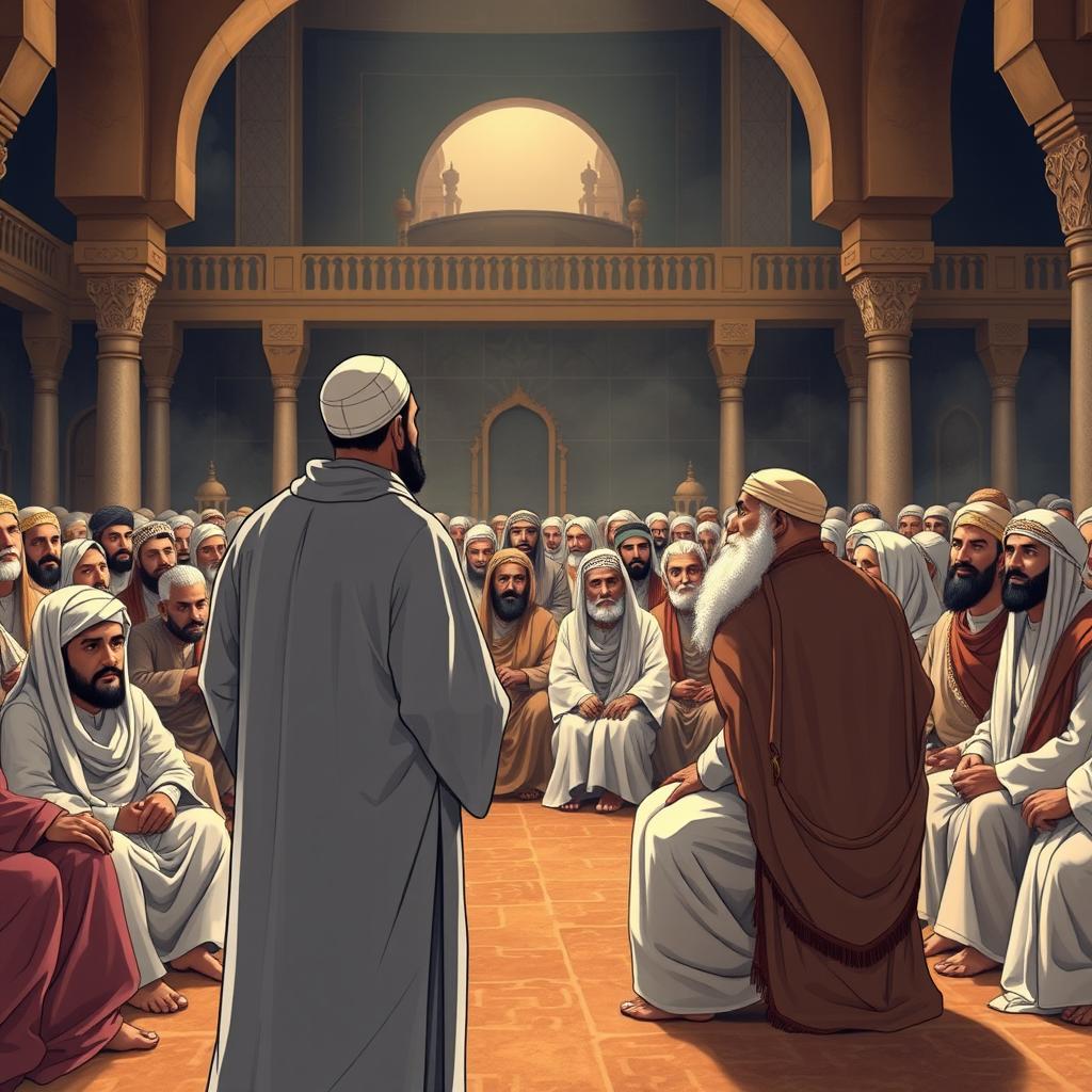 A detailed illustration showcasing a large group of the Prophet Muhammad's senior companions seated in a respectful assembly at Saqifa Bani Sa'idah in Medina during the early Islamic period