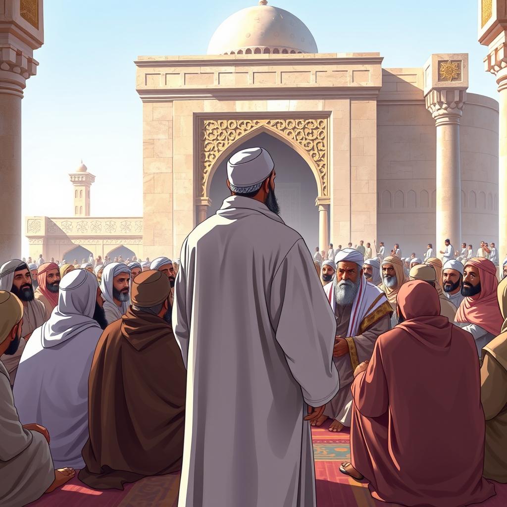 A realistic illustration depicting a large group of the Prophet Muhammad's companions seated in attentive discussion at the Saqifa Bani Sa'idah in Medina during the early Islamic period