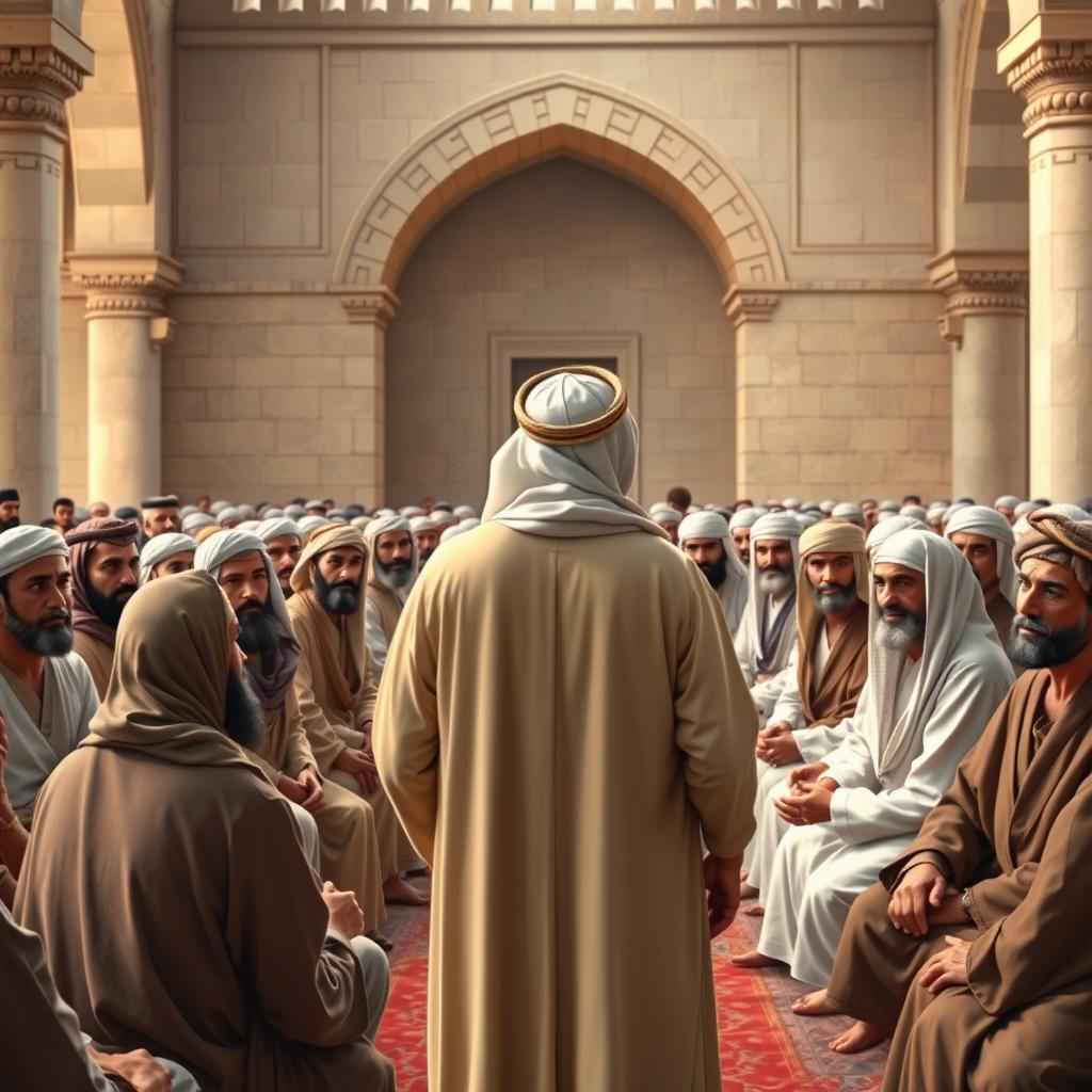 A highly detailed and realistic depiction of a large group of the Prophet Muhammad's companions seated in a thoughtful assembly at Saqifa Bani Sa'idah in Medina during the early Islamic period