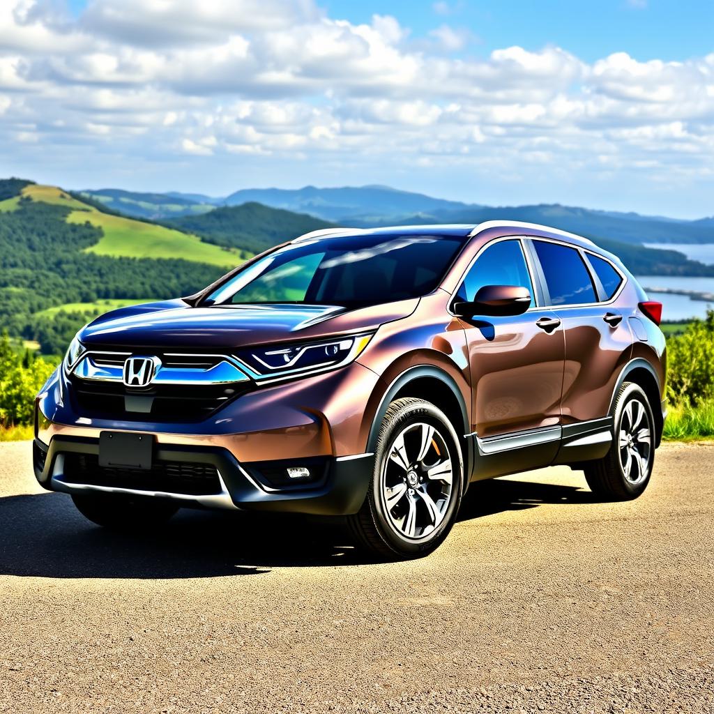 A stylish and modern Honda CR-V parked in a picturesque outdoor setting, showcasing its sleek lines and aerodynamic design, illuminated by natural sunlight