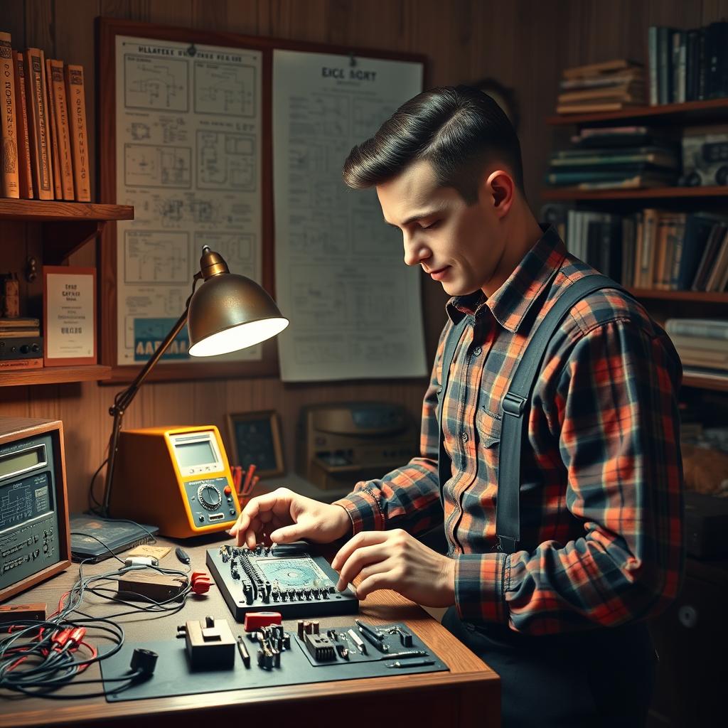 A retro scene depicting an electric engineer from the year 1960, diligently working in his cozy home workshop