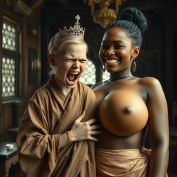 In a medieval room adorned with intricate wooden furnishings, a vivid scene presents a young blonde woman, notably short, malnourished, and 19 years old