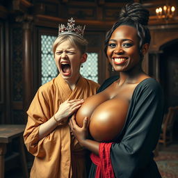 In a medieval room adorned with intricate wooden furnishings, a vivid scene presents a young blonde woman, notably short, malnourished, and 19 years old