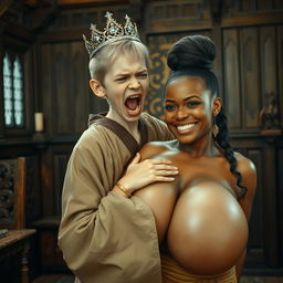 In a medieval room adorned with intricate wooden furnishings, a vivid scene presents a young blonde woman, notably short, malnourished, and 19 years old