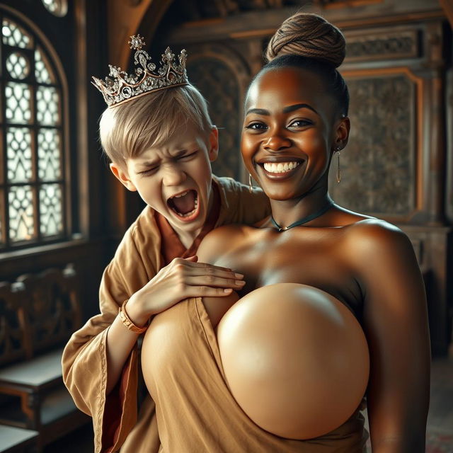 In a medieval room adorned with intricate wooden furnishings, a vivid scene presents a young blonde woman, notably short, malnourished, and 19 years old