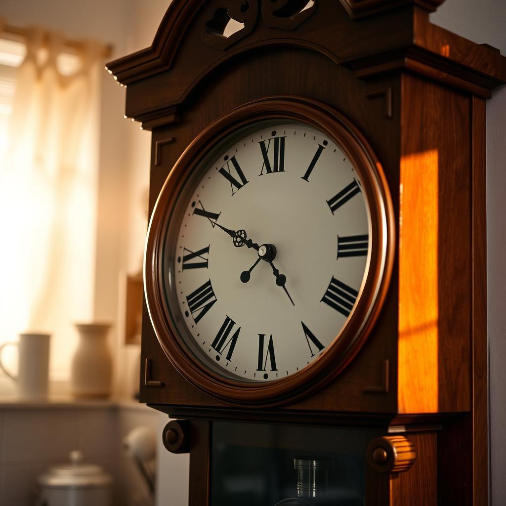 A beautifully crafted, traditional wall clock showing the time as 7:30 AM