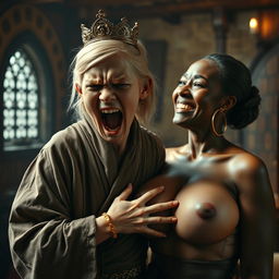 In a medieval room filled with rich textures and dimly lit charm, a striking scene unfolds featuring a young, malnourished blonde woman, who is quite short and aged 19