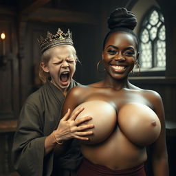 In a medieval room filled with rich textures and dimly lit charm, a striking scene unfolds featuring a young, malnourished blonde woman, who is quite short and aged 19