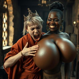 In a medieval room filled with rich textures and dimly lit charm, a striking scene unfolds featuring a young, malnourished blonde woman, who is quite short and aged 19