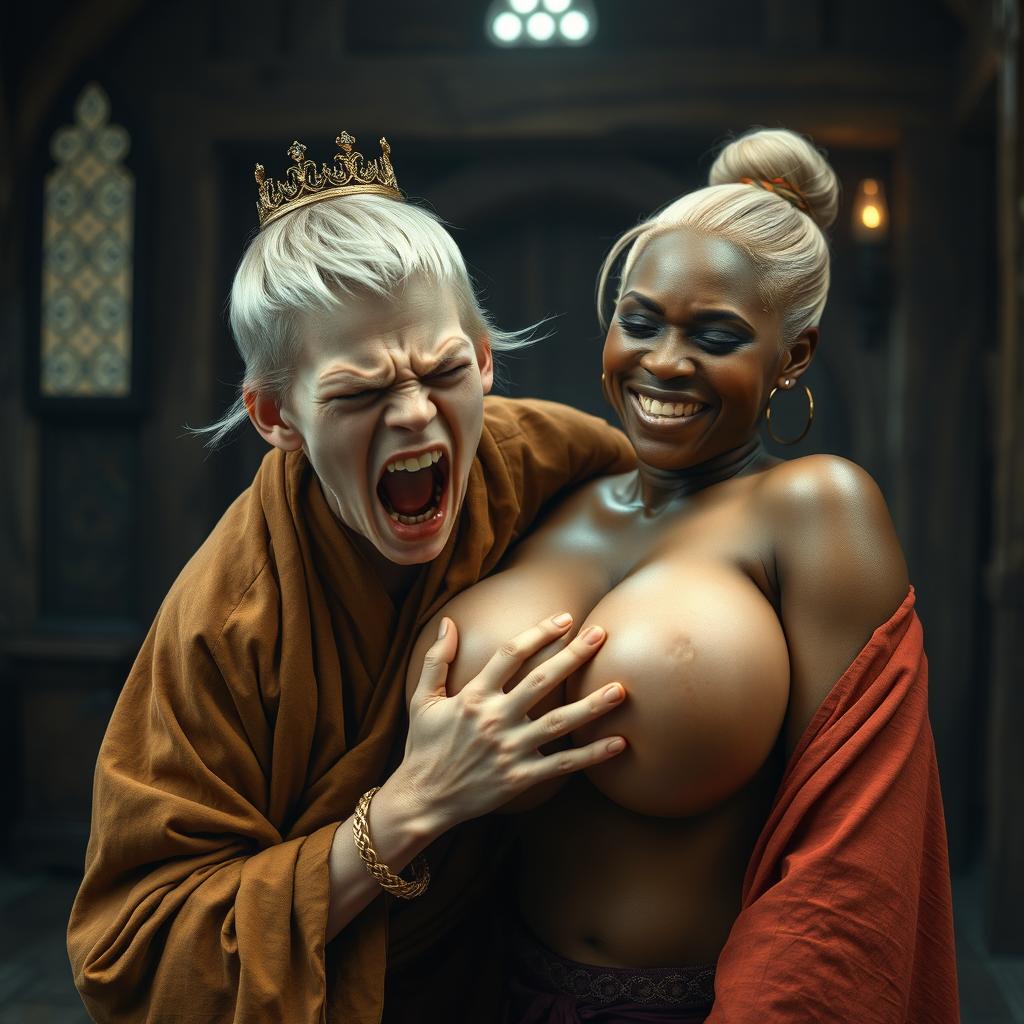 In a medieval room filled with rich textures and dimly lit charm, a striking scene unfolds featuring a young, malnourished blonde woman, who is quite short and aged 19