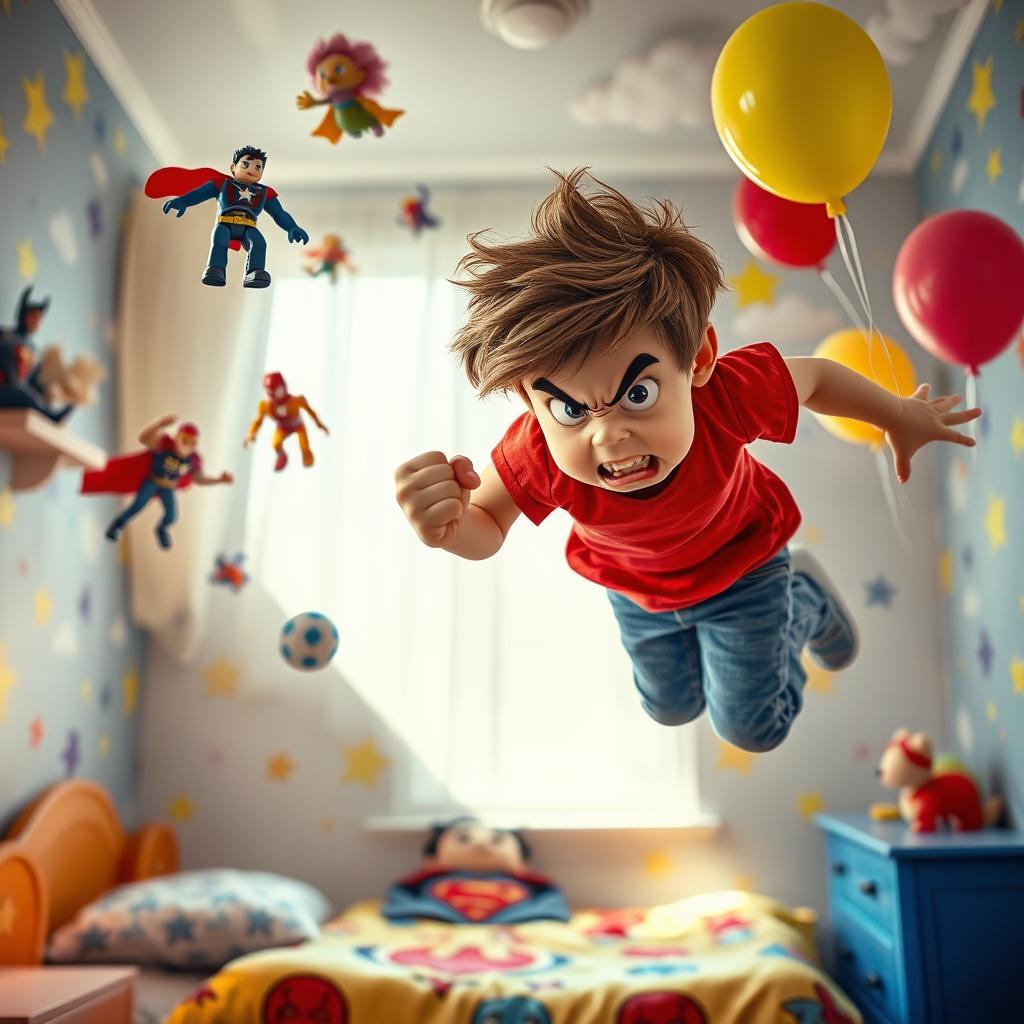 A fantastical scene featuring an angry 9-year-old boy floating in a colorful, whimsical room