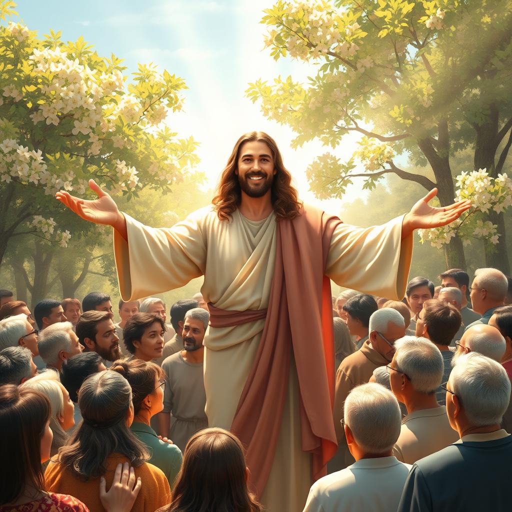 A serene depiction of Jesus Christ standing amidst a crowd of diverse people, radiating warmth and compassion