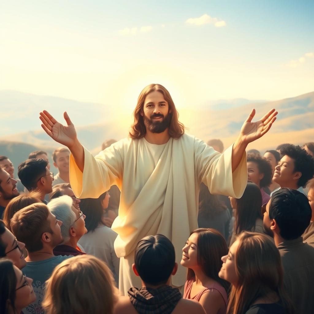 A serene and uplifting scene depicting Jesus Christ with a gentle expression, standing amidst a diverse group of people