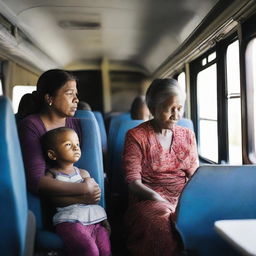 A mother and her 10-year-old child are sitting inside a bus filled with passengers.