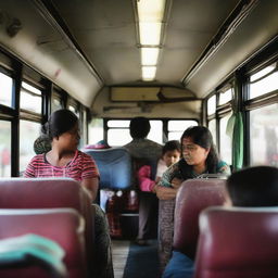 A mother and her 10-year-old child are sitting inside a bus filled with passengers.