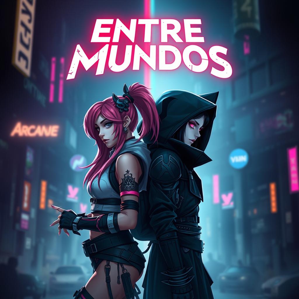 In the world of Arcane, featuring Vi and Vann standing back to back, with Vi showcasing her signature pink hair and fierce combat gear, while Vann presents a contrasting look with a dark and mysterious appearance