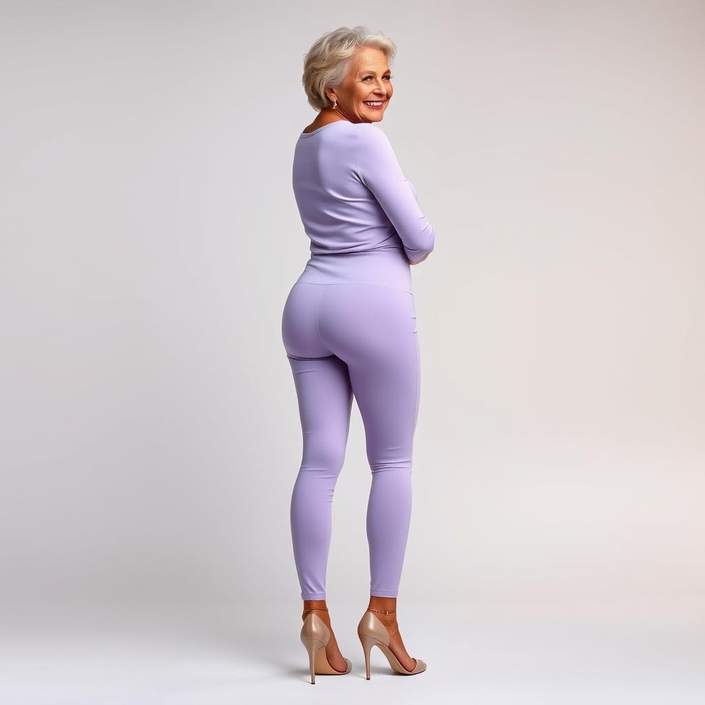 A 70-year-old woman with wide hips is wearing extremely tight lilac leggings that perfectly contour her backside, paired with a stylish short top