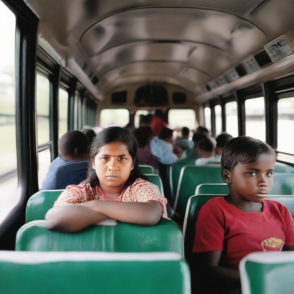 A mother and her 10-year-old child are sitting inside a bus filled with passengers.