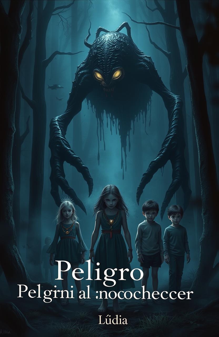 A dark realism and cinematic scene depicting a monstrous creature covered in black goo, featuring a twisted silhouette and elongated limbs, emerging from the shadows of a misty forest
