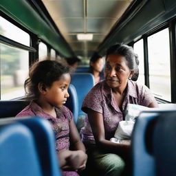 A mother and her 10-year-old child are sitting inside a bus filled with passengers.