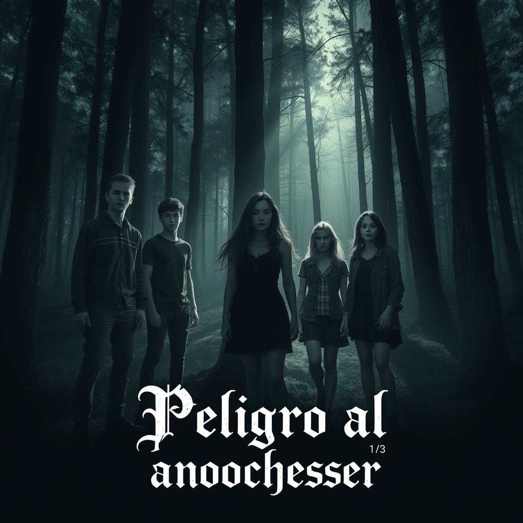 A mysterious and dark forest setting featuring two young men and four young women aged between 19 and 23 years, gathered together as if sensing a danger lurking nearby