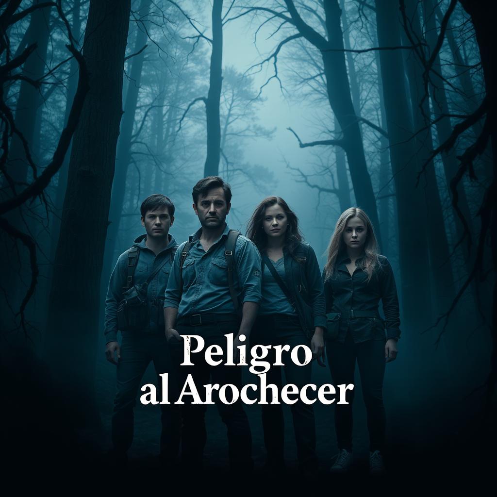 Two men and four women standing in a dark, eerie forest, surrounded by tall trees and thick fog