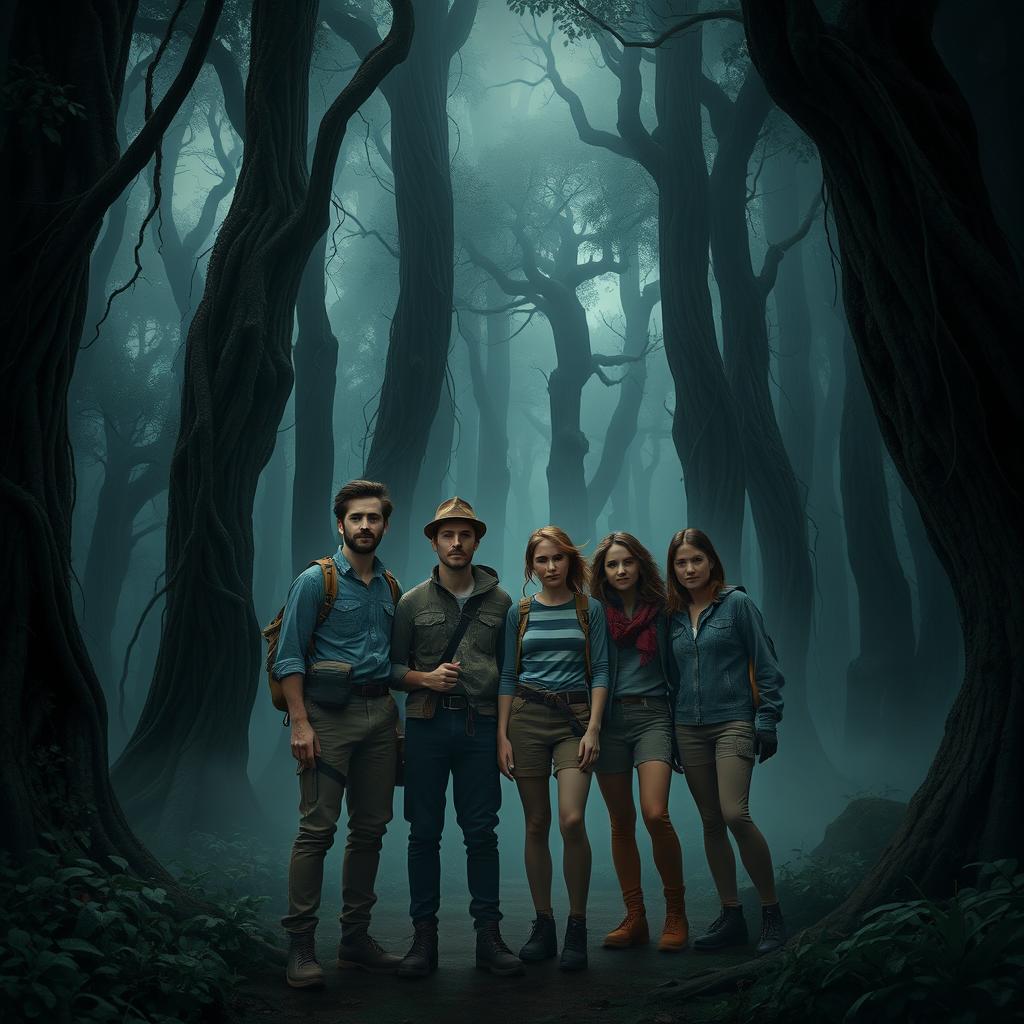 Two men and four women standing in the middle of a dark, ominous forest